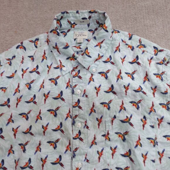 J.Crew Shirt Large Blue Slim 100% Linen All Over Parrots - Picture 1 of 10